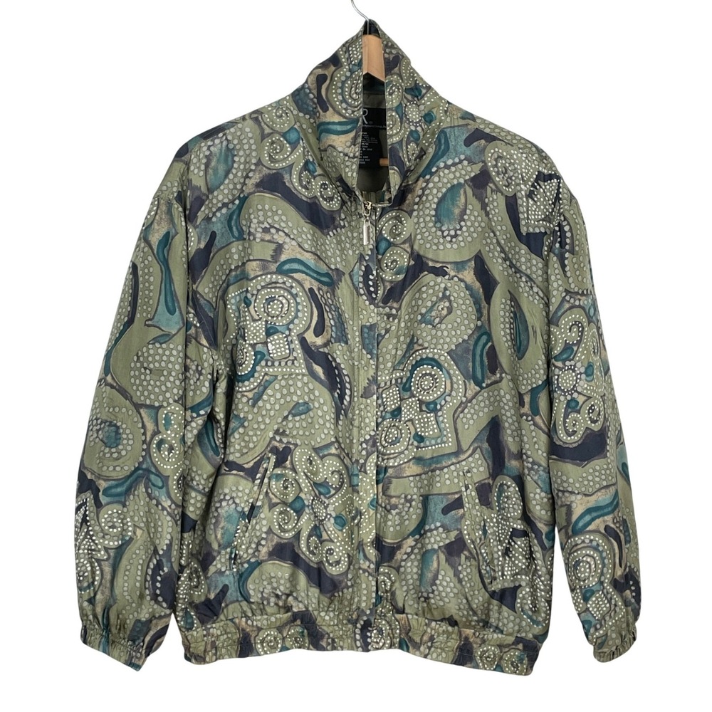 Vintage EVR Green Silk Abstract‎ Paisley Print Jacket Womens M Statement Artsy